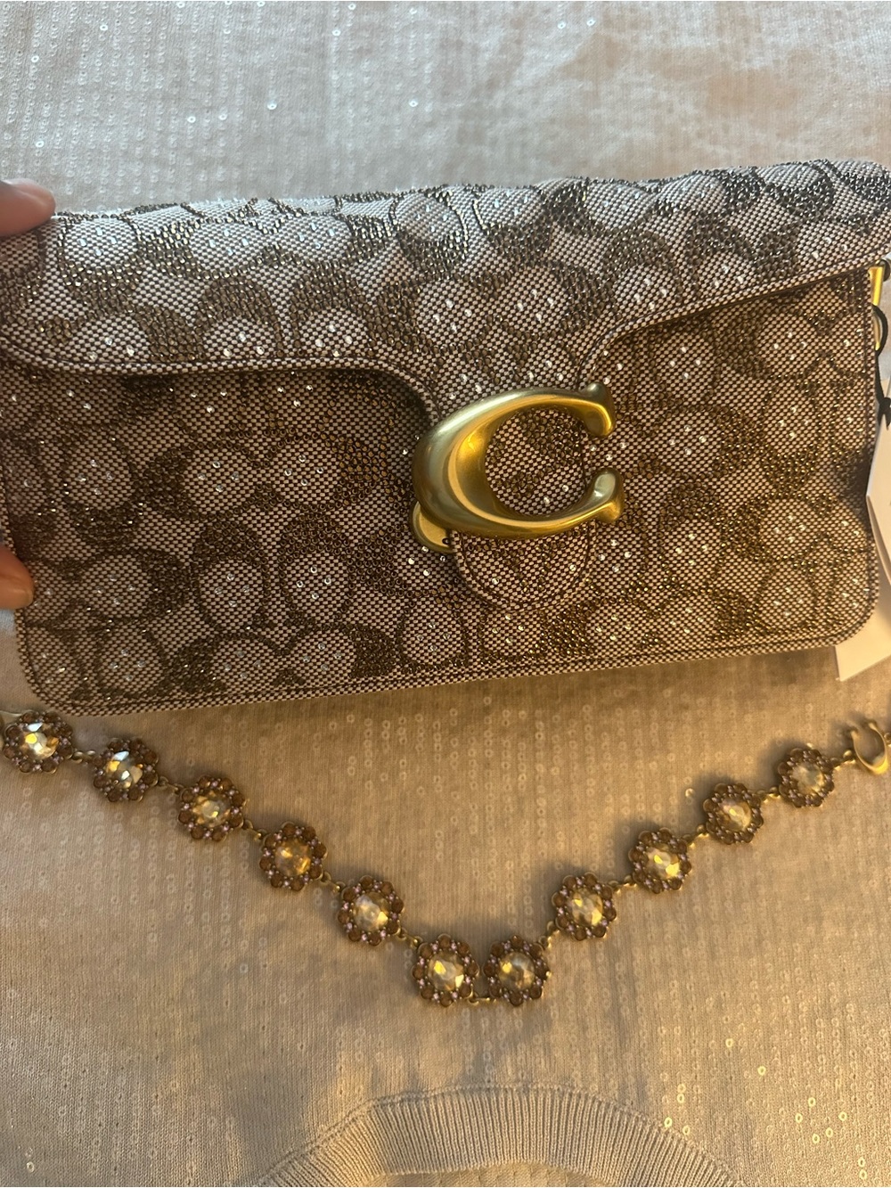 Coach gold Metallic Signature C Turnlock Clutch with Chain, Crystal Tabby🔥